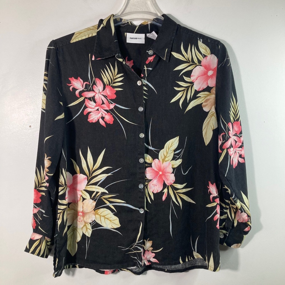 Womens Parisian Works Floral Linen Button Shirt Black Pink Green L Linen